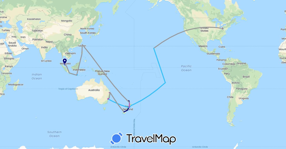 TravelMap itinerary: driving, bus, plane, train, boat in Australia, France, Indonesia, Malaysia, New Zealand, Philippines, Singapore, Taiwan, United States (Asia, Europe, North America, Oceania)